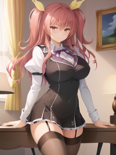 (extremely detailed CG unity 8k wallpaper), (masterpiece), (best quality), (ultra-detailed), (best illustration),(best shadow), (an extremely delicate and beautiful), finely detail,
stella vermillion, school uniform, garter straps, black thighhighs, light smile, indoors