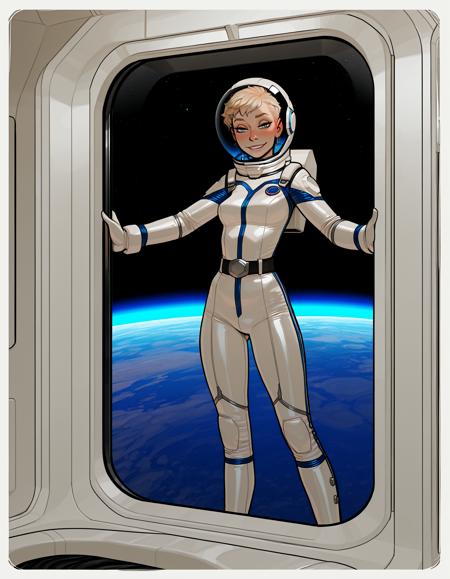 IllustriousQual, detailed face,
tall woman, solo, very short blonde hair, pixie cut, small breasts, long legs, mischievous smile,
wearing a spacesuit and helmet, 
on a space station, posing in an airlock, view of blue planet out of window,
<lora:incaseIllustrious:0.8> incase style,