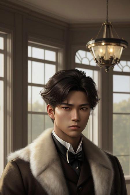 crisp, 
defined, 
HQ, 
detailed, 
HD, 
dynamic light, 
dynamic action pose, 
close-up digitally painted portrait by Cary Morton & Loish & Angelina Danilova & Artgerm & Charlie Bowater, 
dutch gilded age era, 
neutral dark colors, 
filipino, 
male teen, 
stands in a sunroom, 
fur, 
tense atmosphere