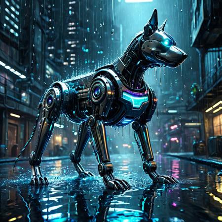 lazypos, Concept: Mechanical Dog, Robot Canine, Liquid Metal Pet, Cybernetic Animal, Water-Powered Droid, Morphing Mech Dog.
Creature: robot dog, sleek, futuristic, chrome, dark metal, segmented body, glowing internal liquid, transparent sections, agile, intelligent, loyal expression.
Body Details: tearStyle2, water drops inside, liquid circuitry, refractive elements, iridescent flow, internal light, shifting colors (blue, cyan, purple, white), visible mechanisms, glowing eyes (LED/optic fiber).
Effects: light refractions through water, particle effects (water droplets/vapor), energy pulses, subtle distortions, neon reflections, holographic shimmer, seamless movement, liquid trails.
Colors/Hues: dominant cool metallic tones (black, silver, gunmetal, dark blue) for armor; vibrant, electric glows (electric blue, cyan, lime green, purple, white) for internal liquid and lights.
Background: futuristic city (rainy, neon-lit), sci-fi lab, industrial zone, dark urban environment, wet surfaces.
Style: sci-fi, cyberpunk, mecha design, creature concept art, highly detailed, cinematic, dynamic, powerful, visually stunning.