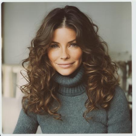 Polaroid photo of a pretty woman with naturally wavy hair wearing a turtleneck sweater