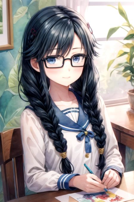 masterpiece, best quality, wallpaper, 1girl, solo, looking at viewer, , depth of field, (watercolor illustration, soft pastel colors:1.1), , <lora:sumireko_sanshokuin:0.68>, sumireko_sanshokuin, black hair, blue eyes, twin braids, , glasses, , grimdark,