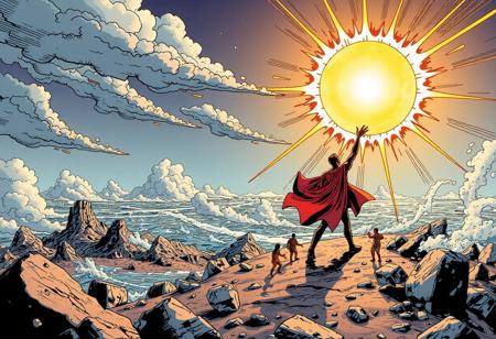Comic book, a 'super hero' stupidly brings the sun to the Earth's surface, chaos ensues,