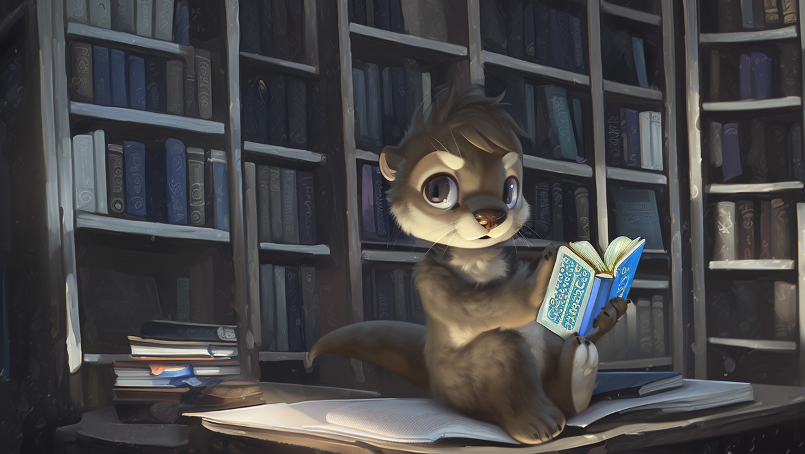 ( furry art, anthropomorphic, short otter by silverfox seated at a table reading a book,:1.4) blurry background, 1boy, mal...