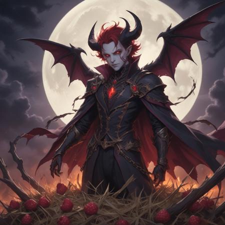 a stunning, vibrant, and cursed image of Mephisto, the infamous character from Faust, in a dramatic full-body photoshoot. Mephisto should be posed on a platform, exuding 'daddy energy' with his soft, fiery red hair and black ears. He should wear a dark astral dress, adorned with raspberries, and a hay coat, evoking a sense of mystery and power. The background should feature a full moon, with Cupid subtly integrated into the scene. The image should be reminiscent of the styles of Artgerm and Greg Rutkowski. The final output should be a high-quality, official image that captures the essence of Mephisto's dark allure.