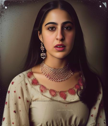 (SaraAliKhan) , art by Henriette Grindat, photograph, Wanderlust Woman, Good Necklace, Winter, Screen print, Depressing, natural lighting, film grain, Polaroid, F/2.8, ethereal magical atmosphere,  <lora:SaraAliKhanSD1.5:1>