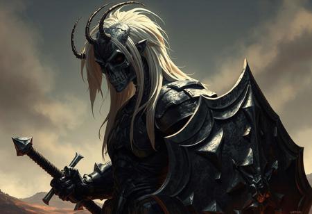 A sexy blonde Skullknight in dark souls-inspired black armor, with a sword and shield, is depicted in a detailed, anime-style artwork. The Skullknight, resembling the Lord of Cinder, has a spoon-like slim figure and wears lamellar armor. Set against a spacious background, the anthro character exhibits insect-like features. The hyper-realistic, 8K render boasts golden ratio proportions, intricate details, and dim volumetric lighting, showcasing the character's spines, nerves, and veins. This artwork is trending on ArtStation, reflecting the styles of renowned artists like Thomas Kinkade, Ellen Jewett, Krenz Cushart, and Beeple.