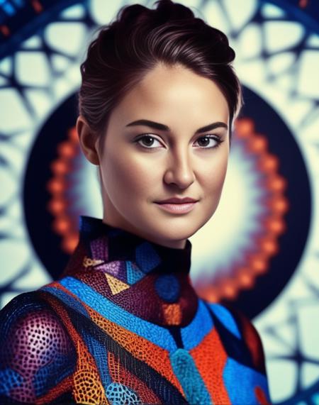 ShaileneWoodley,<lora:ShaileneWoodleySDXL:1>, cinematic photo (full-body:1.85) A futuristic portrait of a beautiful young woman on a simple paper studio background with a strong colourful intricate circular geometrical pattern, geometrical makeup, (highly detailed skin texture:1.6), pores, high contrast . 35mm photograph, film, bokeh, professional, 4k, highly detailed