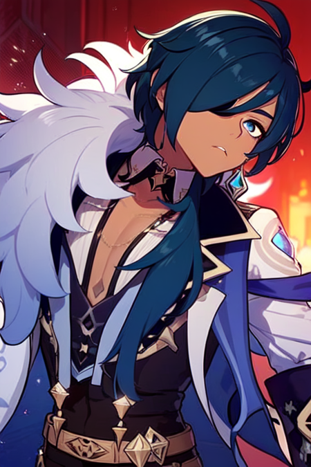 kaeya (genshin impact) 1boy male focus eyepatch, navy hair, long hair, blue eyes, star pupils, earring dark tan skin, black gloves, fingerless gloves