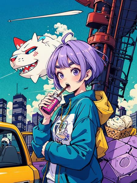 hezi, trend illustration, bright colors, doughnut, food, 1girl, short hair, building, purple hair, solo, upper body, blue jacket, open mouth, long sleeves, jacket, city, shirt, holding, purple eyes, bangs, ahoge, eating, motor vehicle, robot, box, giant, cloud, halftone, milk carton, teeth, ground vehicle, print shirt, holding box, polka dot, holding food, sky, drinking straw, ice cream, kaijuu, thick eyebrows, black eyes, creature, cropped torso, blush, alien, skyscraper, polka dot background, cityscape, pocky, sharp teeth, dragon, toy, white shirt, giantess, shark, candy, car, blue eyes, mecha<lora:æ½®æµæç»:0.55>