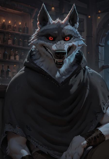 Deathwolf, Wolf, Black Sclera, Red Eyes, Black Hooded Cloak, Brown Pants, Arm Bandages, Leg Bandages, White Fur