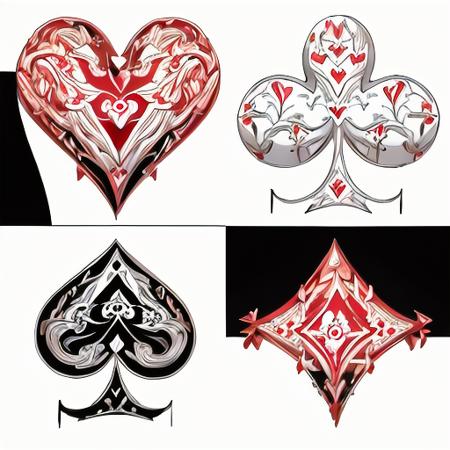 a set of poker symbols, a spade, a heart, a club, a diamond, (white background:1.2), detailed, painter theme, masterpiece, best quality <lora:poker_symbol:1.0>