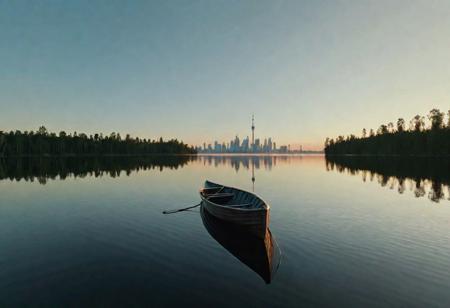 dawn over a quiet lake. In the distance, you can see the silhouette of the city skyline, and in the foreground floats a lone boat. This is a story about a new beginning and the opportunities that come with each new day Ivan Shishkin, 4k resolution, hyper detailed
