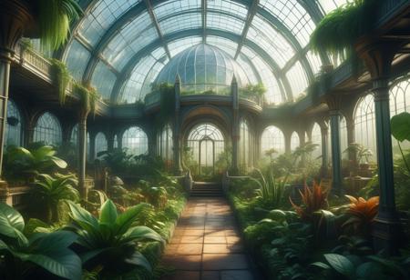Epic cinematic digital matte painting. Wide shot. A futuristic greenhouse (((city))) fills the frame, extraordinary exotic plants and trees permeate the city's intricate, Victorian-inspired architecture. Wide-angle panoramic view. Inspired by Les Cités obscures, inspired by Urbicande, Lush vegetation. Warm sunlight filters in through the misty, stained-glass. Best quality, meticulously detailed, 8k resolution. Cinematic masterpiece, atmospheric lighting, ecological utopia, biodome architecture, mystical ambiance, futuristic camelot, magnificent botanical garden, legendary hidden city.