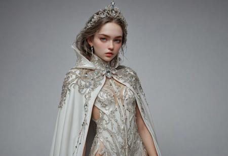 score_9, score_8_up, score_7_up, score_6_up, score_5_up, score_4_up,<lora:Fant5yP0ny:0.8> Cape; This white cape has a high collar and is studded with thousands of sequins that glitter brightly in any sort of light. 