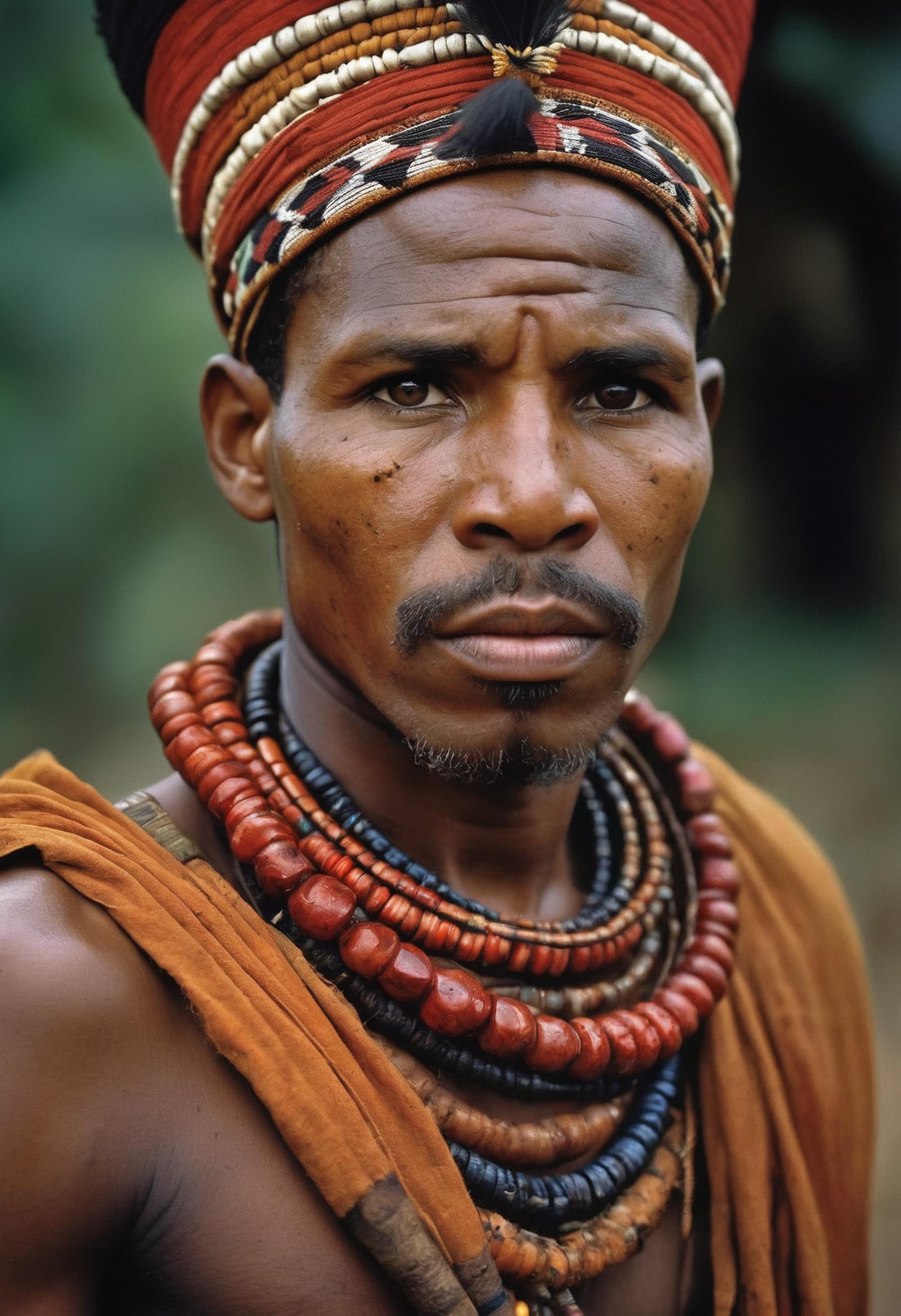 Close-up of a man with a beard, wearing a colorful necklace and hat, possibly from an African tribe.