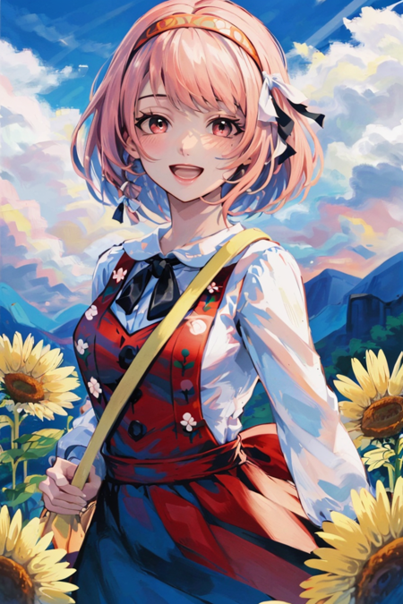 (highly detailed:1.3),
lapis_cas, looking at viewer, blush, smile, open mouth, white shirt, flower, outdoors, sky, cloud, black ribbon, red dress, yellow flower, sunflower, pinafore dress,
Ultra-detail,(highres:1.1),best quality,(masterpiece:1.3),cinematic lighting,
(highly detailed face and eyes:1.3), <lora:Lapis_def:0.9>