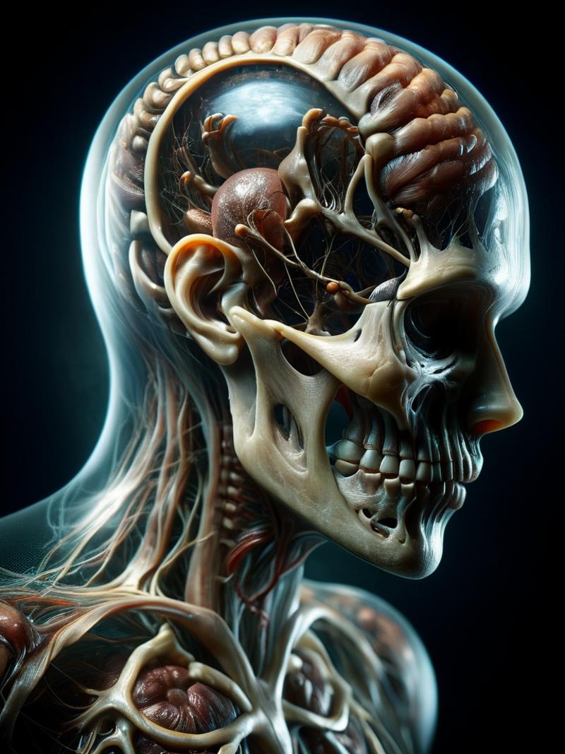 A detailed image of a human skull with a skeleton face, teeth, and muscles.