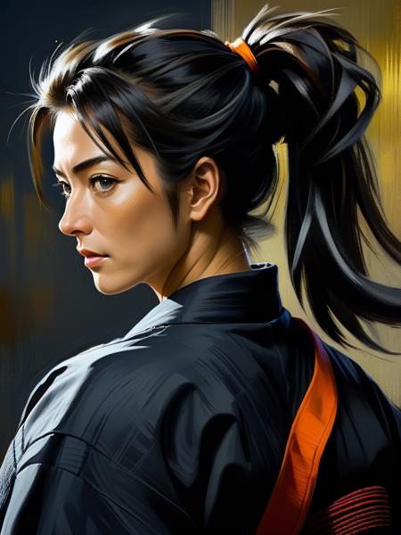 female ronin, woman, scruffy, tomboy, samurai, japanese clothes, (high quality, masterpiece), digital painting, upper body, black hair, black shirt, (kimono:0.5), muscular, (freckles:0.4), ponytail, (brush strokes:0.7)