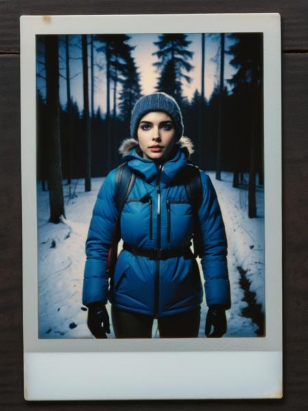 woman at night in the wood, dressed for trekking, winter, scared, at night, very dark, without flash, walking <lora:ral-polaroid:1> ral-polaroid