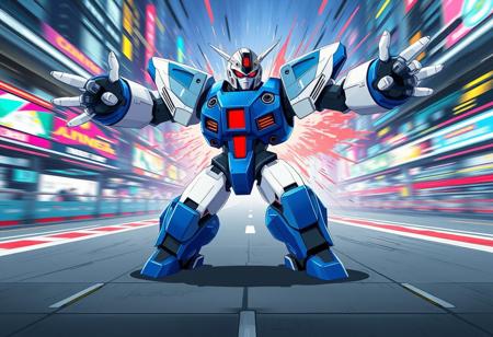 An Ancient Gear Dark Golem robot, strikingly rendered in vibrant blue and white, bursts with energy, standing upright on a stylized gray ground. Its powerful white arms are dramatically extended outwards, and its legs are sharply bent at the knees, embodying an isometric and dynamic action pose of pure readiness for play. A pulsating red light on its chest and another atop its white head with a bold black visor add impactful focal points. The white limbs offer a dynamic contrast to its blue body. The essence is Vivid Emotions and a Joyful Impact, conveying a Powerful Message. Behind it, a stylized, high-energy City Grand Prix explodes with color and motion. The background is a swirl of Harmonious Colors, multi-colored futuristic architecture and speed lines, rendered with a Contemporary Aesthetics and a Beautiful Matte Painting quality. High-res anime concept art, vibrant cel-shaded illustration, Splash Ink Illustration, Grammer Effect Style, Sharp Lines and Brush Strokes, Stunning Colors, Impeccable Composition, Creative Angle, Attractive Background, Balanced Editing, Intentional Focus, Well-timed Moment, High Quality, Super Detailed Face and Eyes and Clothes, Handcrafted with Precision. Dynamic lighting, dramatic motion blurs, crisp outlines, trending on ArtstationHQ, CGSociety, Golden Ratio.