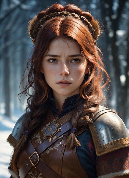 A stunning intricate full color portrait of (sks woman:1) as (viking warrior), (barbarian),  epic character composition, by ilya kuvshinov, alessio albi, nina masic, sharp focus, natural lighting, subsurface scattering, f2, 35mm, film grain, <lora:locon_jessiebuckley_v1_from_v1_64_32:1>