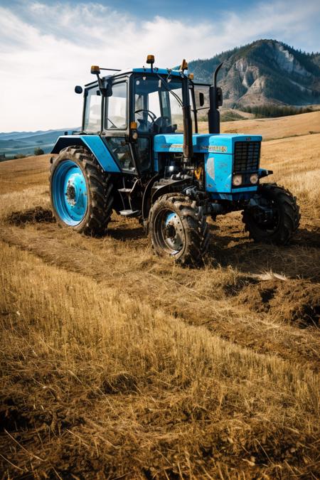 photo RAW,(mtz82, a Cyan tractor parking on A mountain scene with a daring mountain biker riding a narrow ridge line <lora:mtz82:0.65>,Realistic, realism, hd, 35mm photograph, 8k), masterpiece, award winning photography, natural light, perfect composition, high detail, hyper realistic, dusty atmospheric haze, high quality textures of materials, volumetric textures, coating textures, metal textures