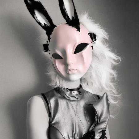 <lora:creepymasks_60:1.0> , (creepymasks, mask:1.0), (person wearing a mask with:1.0), 1girl, animal ears, blush, bunnysuit, elbow gloves, gloves, greyscale, long hair, looking at viewer, lying, monochrome, on back, pantyhose, rabbit ears, solo, tears, wince