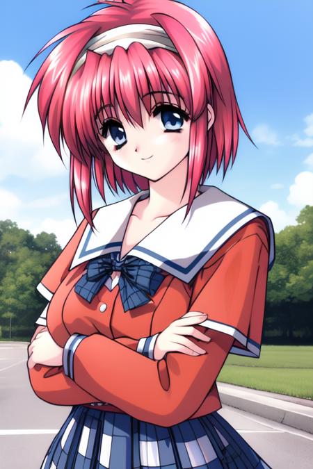 <lora:Akumu95_AoiKajitsunoSange:0.8>, akumu, school uniform, short hair, hairband, long sleeves, multiple girls, crossed arms, pink red hair, blush, solo focus, sad,
school uniform,   long sleeves,  blue_sky, school, cowboy Shot, plaid, smile, large_breasts,
1990s \(style\), masterpiece, high quality, very_high_resolution, large_filesize, full color,