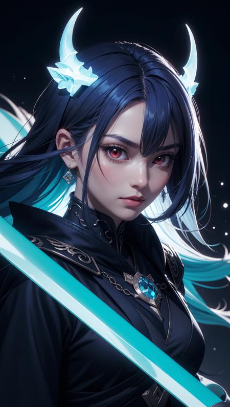 masterpiece, best quality ultra-realistic mix fantasy,(1 giant eastern dragon:1.3) behind an Asian woman holding a glowing sword, void energy diamond sword, in the style of dark azure and light azure, mixes realistic and fantastical elements, vibrant manga, UHD image, glassy translucence, vibrant illustrations, ultra-realistic, long hair, straight hair, light purple hair, head jewelry, jewelry, shawls, light In eyes, red eyes, portrait, firefly, bokeh, mysterious, fantasy, cloud, abstract, colorful background, night sky, flame, very detailed, high resolution, sharp, sharp image, 4k, 8k, masterpiece, best quality, magic effect, (high contrast:1.4), dream art, diamond, skin detail, face detail, eyes detail, mysterious colorful background, dark blue themes