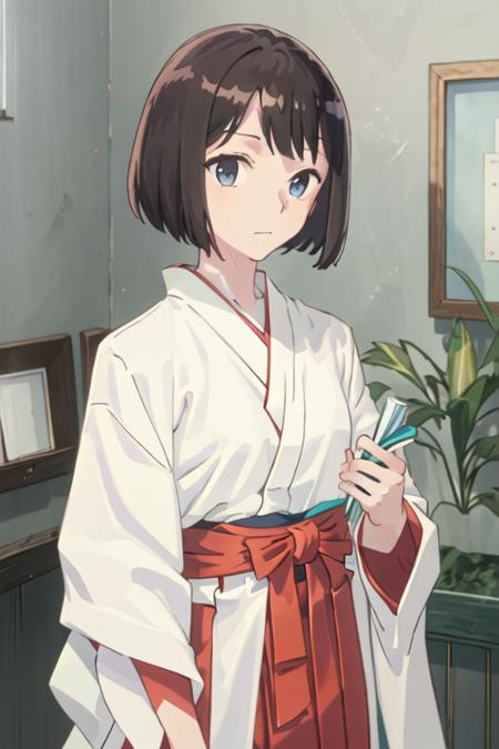 best quality, masterpiece, highres, solo, {white kimono:1.35}, {red hakama:1.35}, {wide sleeves:1.20}, {kanou_koyomi_yagatekimininaru:1.15}, short_hair, black_hair, closed_mouth, indoors, brown_hair, blue_eyes, black_eyes