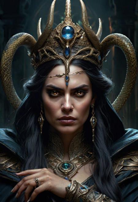 masterpiece ,award-winning realistic digital painting, 
regal portrait of an evil sorceress queen, adorned with a snake crown, by the esteemed artist, Ravenna Nightshade. (Menacing:1.2) gaze captivating the viewer's attention, (commanding:1.1) presence exuding power, (sinister:1.1) aura surrounding her, (intricate:1.1) details of her serpentine crown symbolizing her dominion, (majestic:1.1) robes flowing with dark elegance, (enchanted:1.1) scepter held firmly in her hand, (unleashing:1.1) dark magic, (unveiling:1.1) her wicked intentions, (capturing:1.1) her cunning and ruthlessness, (resplendent:1.1) portrayal of her regal status, (immortalizing:1.1) her as the malevolent sorceress queen.
highest quality,  upperbody shot, (detailed face and eyes:1.2),  style-voodoo-steampunk
