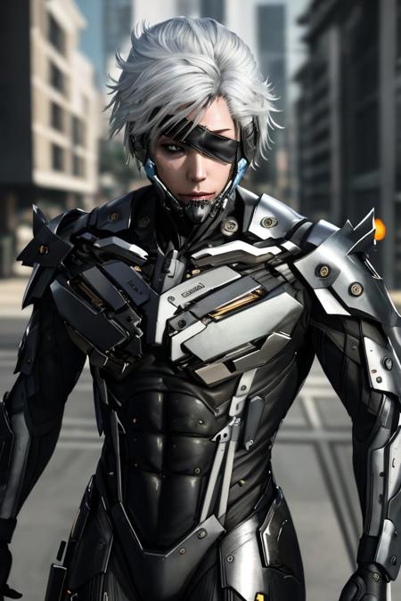 masterpiece, highest quality, photorealistic, scenery, stunning (full body:0.7), photo of  shiny, (raidenmgr:1.1), eyepatch, (scifi, futuristic, hi-tech:1.0), white hair, black suit, hologram, skin details, high detailed RAW, 8k UHD, looking to the side, focused expression, antitech
 <lora:RaidenDoguV3:0.85>