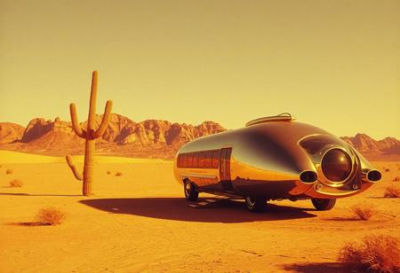 avant-garde, retro futurism , gold and chrome, daylight, california desert, 1970s, robert T, techno style