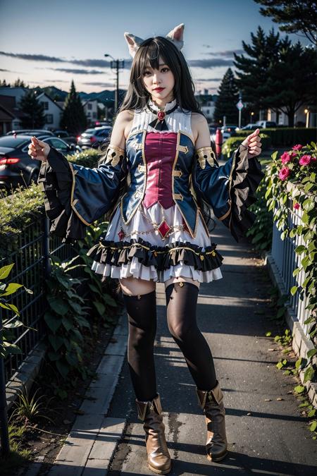 best quality, masterpiece, realistic, (photorealistic:1.4), 1girl, solo, full body, karyl costplay costume, cosplay, animal ears, detached sleeves, thighhighs, boots, arm at side, detailed background, in garden, night, <lora:karyl_cosplay_costume_v1:0.7>