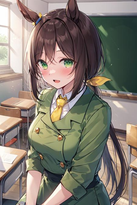 (absurdres:1.30), highres, ultra detailed, <lora:hayakawa_taduna_v2:0.60> brown hair, horse girl, horse ears, long hair, split ponytail, green eyes, green jacket, white shirt, double-breasted, collared shirt, pencil skirt, green skirt, yellow necktie, yellow ribbon, yellow bow, buttons, horseshoe ornament, sopen mouth, black pantyhose, blush, surprised,classroom, upper body, looking at viewer, 