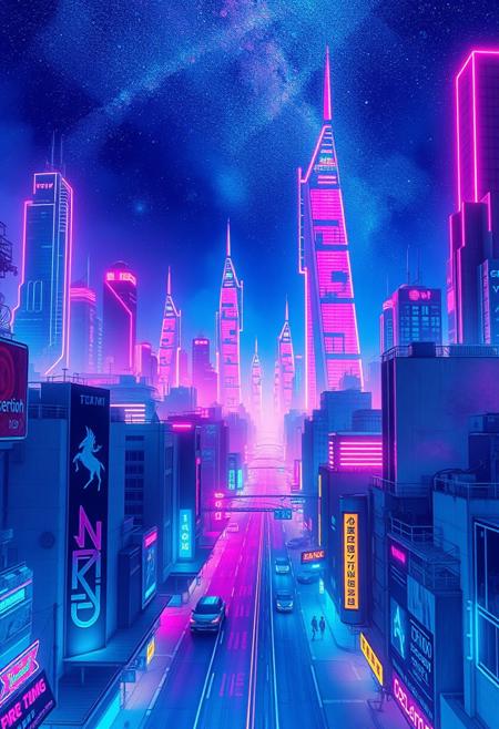Create a surreal, dreamlike scene of a cityscape at night, but instead of traditional buildings and streets, the city is made up of neon-lit, futuristic structures that seem to defy gravity and logic. The sky is a deep, electric blue, and the air is filled with a haze of neon-colored mist. The art style is a fusion of 80s-style neon art and digital painting, with bold, vibrant colors and intricate, detailed patterns that create a sense of depth and texture. The colors are bright and glowing, with a focus on pinks, blues, and purples to convey a sense of energy and futurism. Style: neon, digital painting, surreal. Colors: bright, glowing, pink, blue, purple. Highest-Quality, 4k, Masterpiece