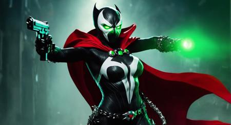 concept art of (Cinematic Film stock footage style) in (arri alexa style) (Kodak film print style),
 <lora:Spawn:1>
Spawn a woman with a living black and white symbiotic costume with a gun and a red cape and glowing green eyes, digital artwork, illustrative, painterly, matte painting, highly detailed