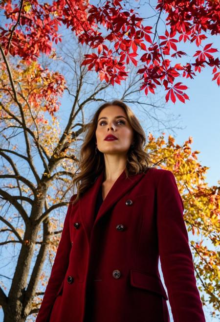 perspective Low-angle shot from very below of an elegant woman, 22 y.o, standing under a tree in autumn, with red leaves gently falling around her.  the camera points directly upward at a 90° angle, capturing the blue sky through the branches. Soft natural lighting, realistic details, slightly blurred background (bokeh), 8k uhd, high detailled body, high detailled eyes