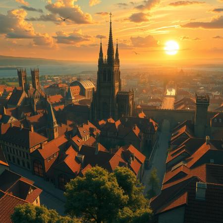 (masterpiece:1.2), (best quality:1.2), historical setting, cinematic composition, anime-style, detailed environment, warm lighting, golden hour, dramatic lighting, sweeping landscape, view from hilltop,
medieval walled city, cobblestone streets, red-tiled roofs, clustered buildings, tall central cathedral, gothic spires, bell tower, stained glass windows, fortified stone walls, city gates,
trees in foreground, soft clouds, birds in sky, scenic vista, fantasy cityscape, panoramic view, elevated angle, glowing sunset, cozy atmosphere, detailed rooftops, dramatic shadows
