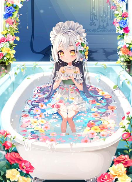 CoCoPPa, (Masterpiece:1.2), best quality, (delicate details:1.5), lovely white hair, absurdly long hair, yellow eyes, cutest, (bath:1.5), flowers
 <lora:CoCoPPa:1>