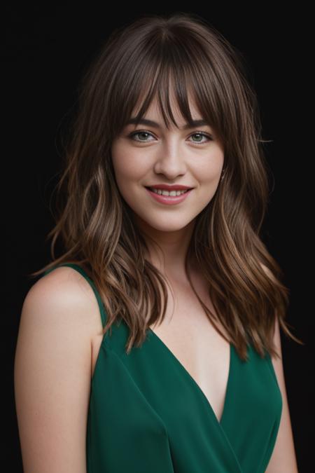 <lora:d4k0t4:0.9>, a Realistic photo of a d4k0t4 woman, long hair, long hair, looking at viewer, brown hair, green eyes, teeth, mole, grin, lips, portrait, mole under mouth, realistic, mole on cheek, soft lighting, professional Photography, Photorealistic, detailed, inside a dark Studio Room background, blurred background, RAW, analog, sharp focus, 8k, HD, DSLR, high quality, Fujifilm XT3, film grain, award winning, masterpiece