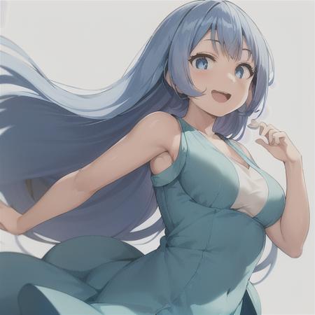 nejire hado, 1girl, solo, long hair, breasts, looking at viewer, smile, open mouth, bangs, blue eyes, simple background, white background, dress, bare shoulders, medium breasts, very long hair, blue hair, :d, sleeveless, sleeveless dress, blue dress,  <lora:NejireHadoLoRA-10:0.5>