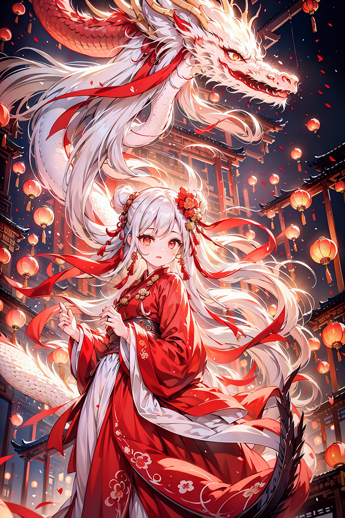 (best quality),(masterpiece:1.3),dragon,1girl,long hair,white hair,hair accessories,chinese clothing,red clothing,chinese ...