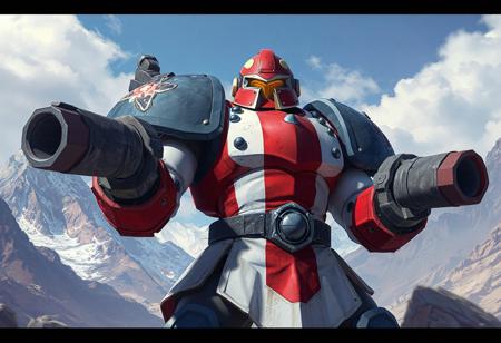 "Illustrate a Golem Sentry in a vibrant color scheme of red, white, and blue, equipped with stone guns, against a mountainous landscape backdrop. The image should emphasize exceptional quality, lifelike details, sharp lines, stunning colors, and impeccable composition. The Golem Sentry's head should have a yellow visor for contrast. Achieve a captivating and well-timed moment with octane render, unreal engine 5, and a dynamic action pose. Trend on ArtstationHQ with this 4K, highly detailed, cinematic lighting, volumetric, and hyperrealistic illustration."