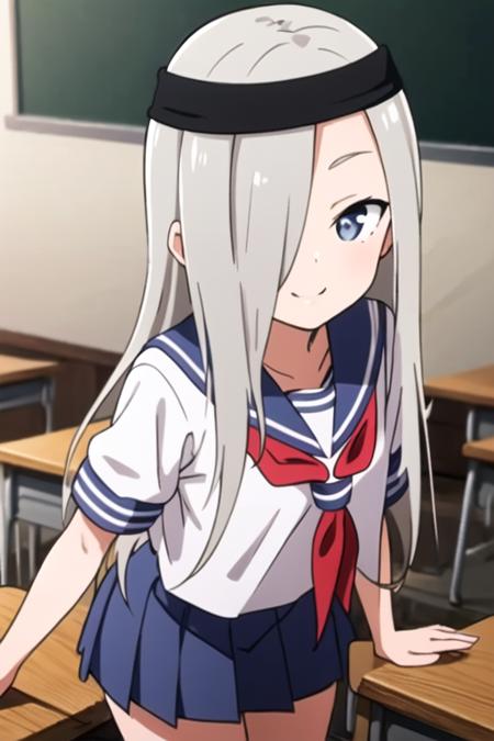 masterpiece, best quality, <lora:kunoichi_hototogisu:0.7> 1girl, solo, blue eyes, grey hair, long hair, hair over one eye, indoors, classroom, smile, black headband, serafuku, sailor collar, red neckerchief, pleated skirt,