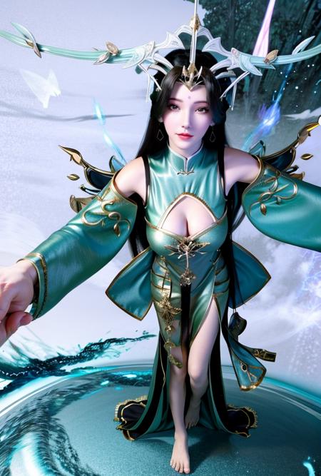 <lora:liushen3:0.85>(liushen)
 1girl, magic, long hair, solo, blue fire, fire, dress, full body, lightning, wide sleeves, spirit, black hair, (chinese traditional style), chinese clothes, (hair ornament), glowing, (hitodama), energy, barefoot, horns, green hair, breasts, floating, green dress, green magic, green light,looking at viewer,close up,
close up,(pov:1.8),looking at viewer,
<lora:more_details:0.5> <lora:epi_noiseoffset2:1>