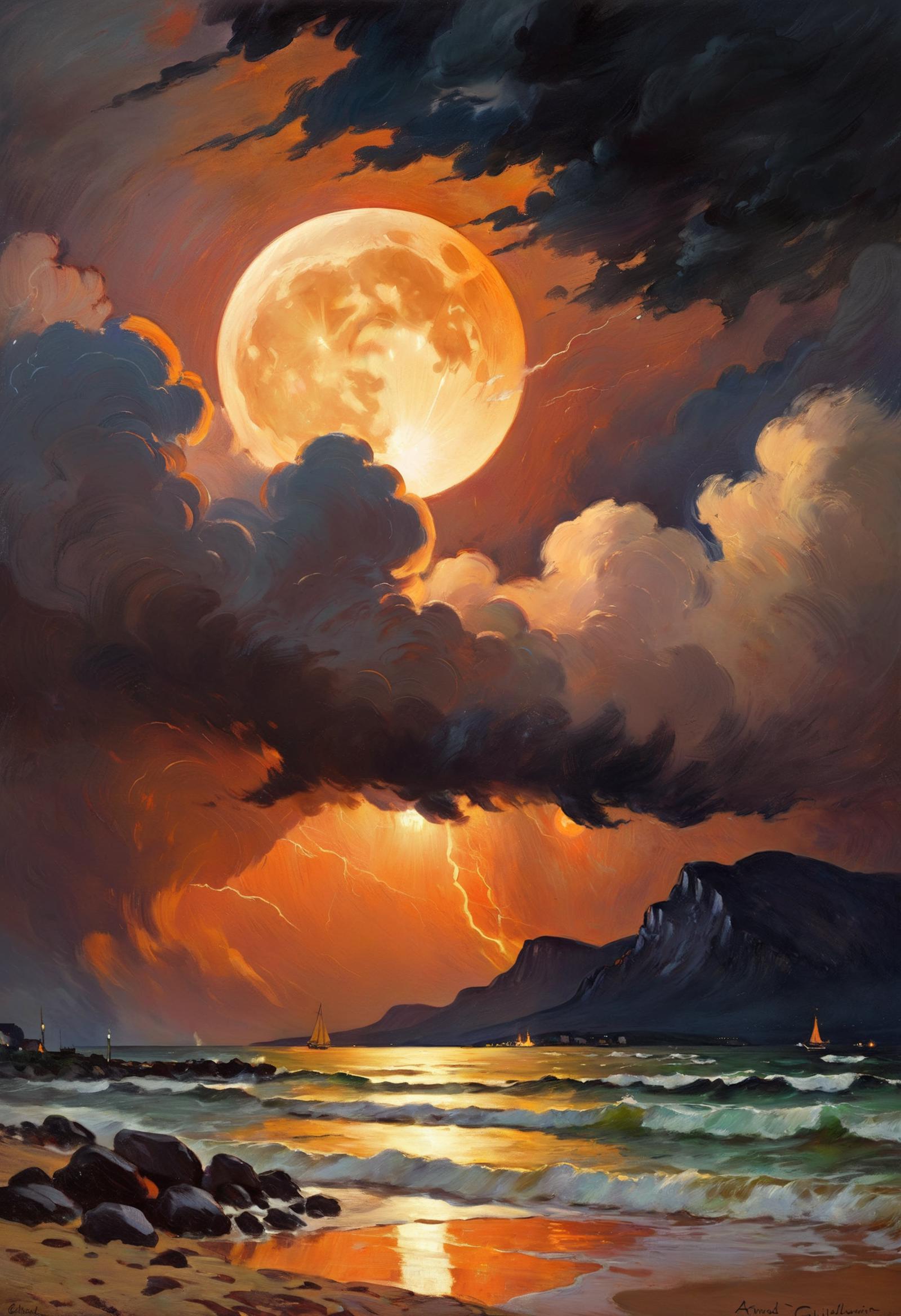 A painting of a full moon over a stormy ocean with sailboats and clouds.
