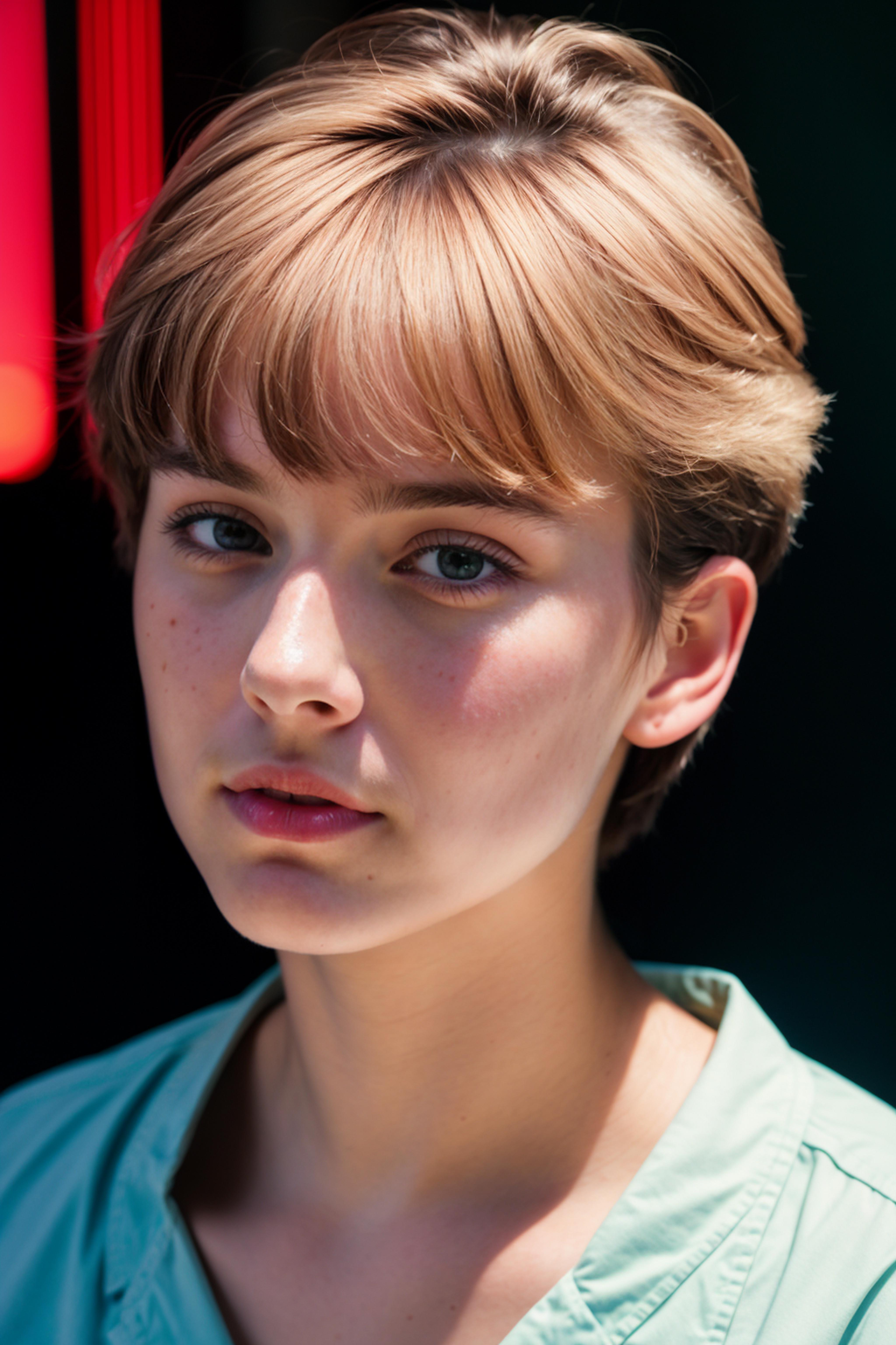 A close-up of a girl's face with a short haircut and green shirt.