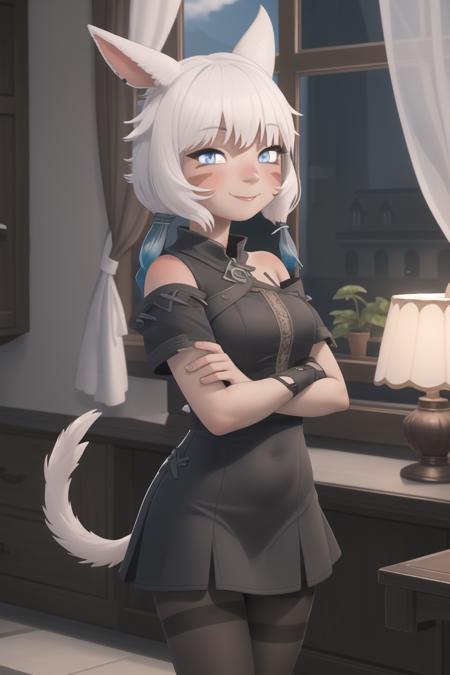 <lora:KoalaEngine:1> KoalaEngine, 1girl, solo, masterpiece; looking at viewer, blushing, shy smile; <lora:YshtolaV4:0.8> y'shtola, miqo'te, black dress, black pantyhose, blind